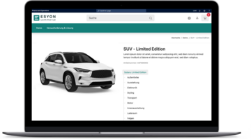 Laptop-Bildschirm mit der ESYON Commerce Produktseite eines SUVs.