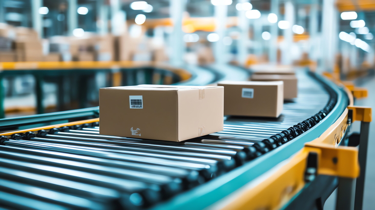 Pakete auf Förderband für effizientes Retourenmanagement mit Microsoft Dynamics 365