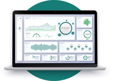 Ein Laptop-Bildschirm zeigt ein Business-Dashboard mit verschiedenen Statistiken und Diagrammen, das für die Datenanalyse und -visualisierung verwendet wird.