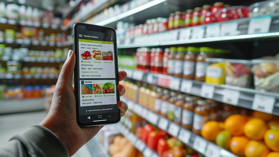 Hand with smartphone and online shop in the browser. A real shop is shown in the background.