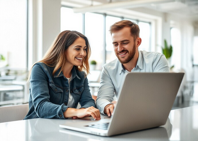 Zwei Personen arbeiten gemeinsam an einem Laptop