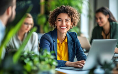 Smiling woman in yellow blouse working on laptop in green office setting