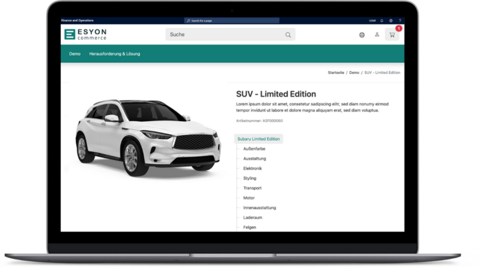 Laptop-Bildschirm mit der ESYON Commerce Produktseite eines SUVs.