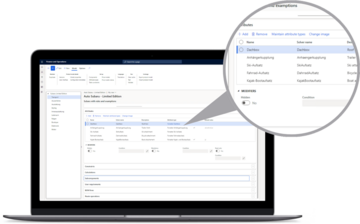 Laptop-Bildschirm mit geöffneter Microsoft Dynamics 365 Oberfläche und Detailansicht eines Produktattributs.