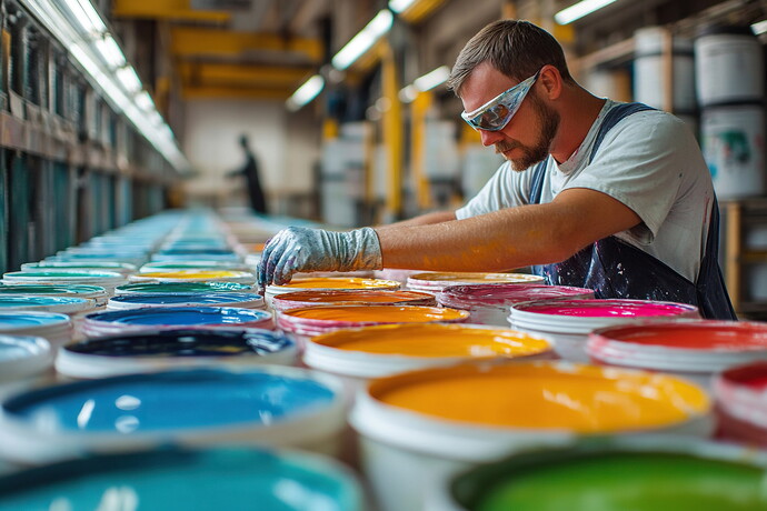 Mitarbeiter mischt bunte Farben in Eimern in einer modernen Produktionshalle