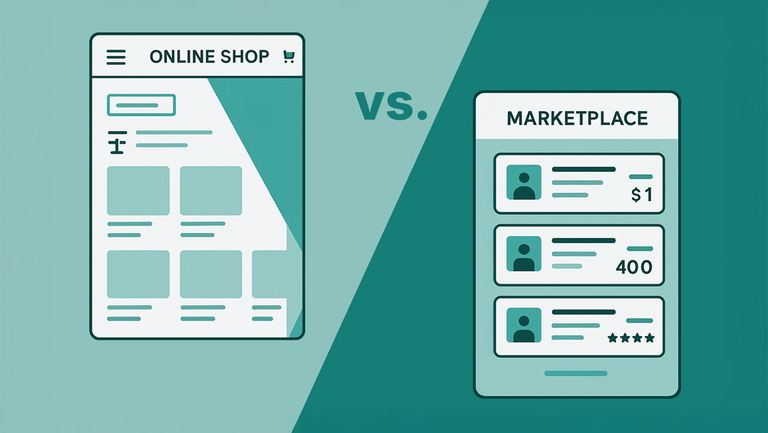 Vergleich von Onlineshop und Marktplatz als grafische Darstellung mit Benutzeroberflächen