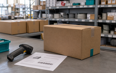 Lagerhalle mit Cardboard-Box mit Barcode-Etikett, Barcode-Scanner und Versanddokument auf Arbeitstisch im Vordergrund, befüllte Regalflächen und weitere Boxen im Hintergrund