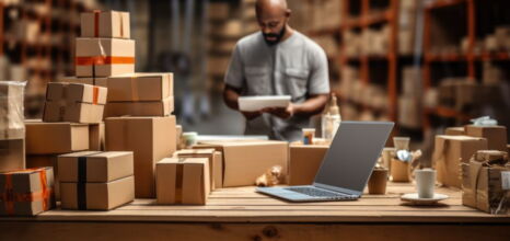 Warehouse worker checking packages with a laptop on a table in the foreground