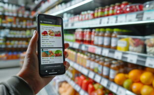 Hand with smartphone and online shop in the browser. A real shop is shown in the background.