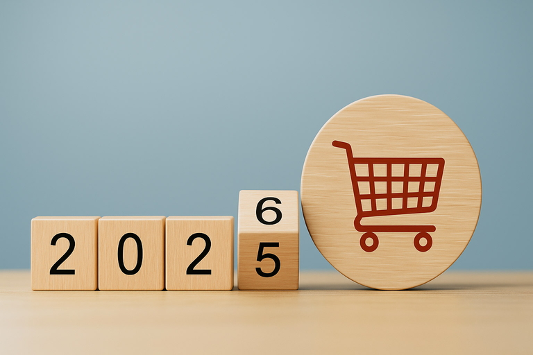 Holzklötze mit 2026 und Einkaufswagen-Symbol zu E-Commerce Änderungen 2026 und neuen Regeln für Onlinehändler
