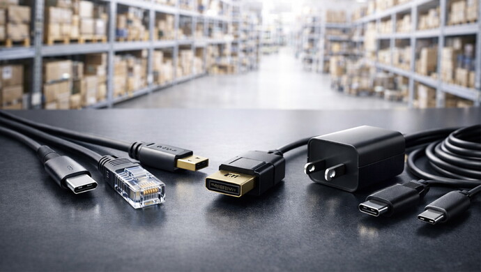 Verschiedene Kabel und Anschlüsse mit Netzteil auf einem Tisch, unscharfes Lagerregal im Hintergrund