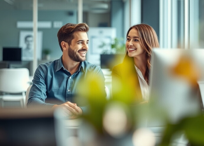 Zwei Kollegen lächeln im Büro bei einem Gespräch