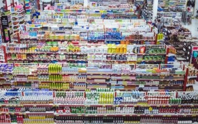 Lots of shelves in a supermarket