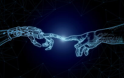 Illustration Mensch und Roboterhand berühren sich, Symbol für KI und Technologie