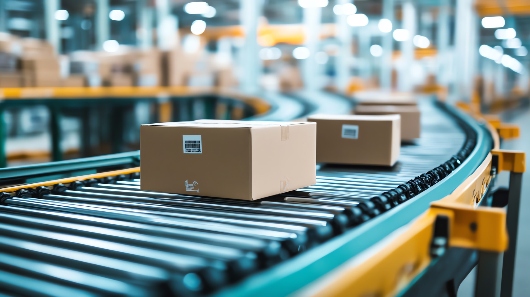 Pakete auf Förderband für effizientes Retourenmanagement mit Microsoft Dynamics 365