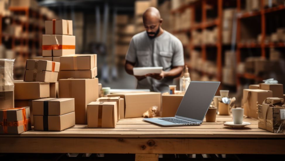 Warehouse worker checking packages with a laptop on a table in the foreground